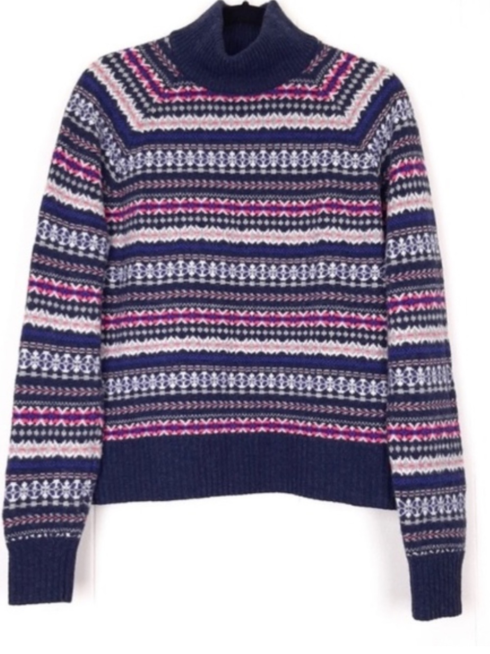 J. Crew Navy Fair Isle Turtleneck with Pink and Cream Stripes. 100% Wool. XL